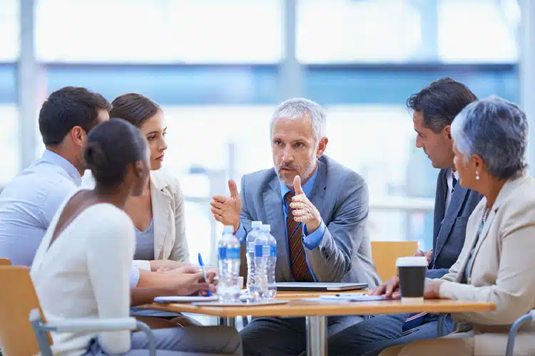 a senior male corporate leader explaining a project to his team